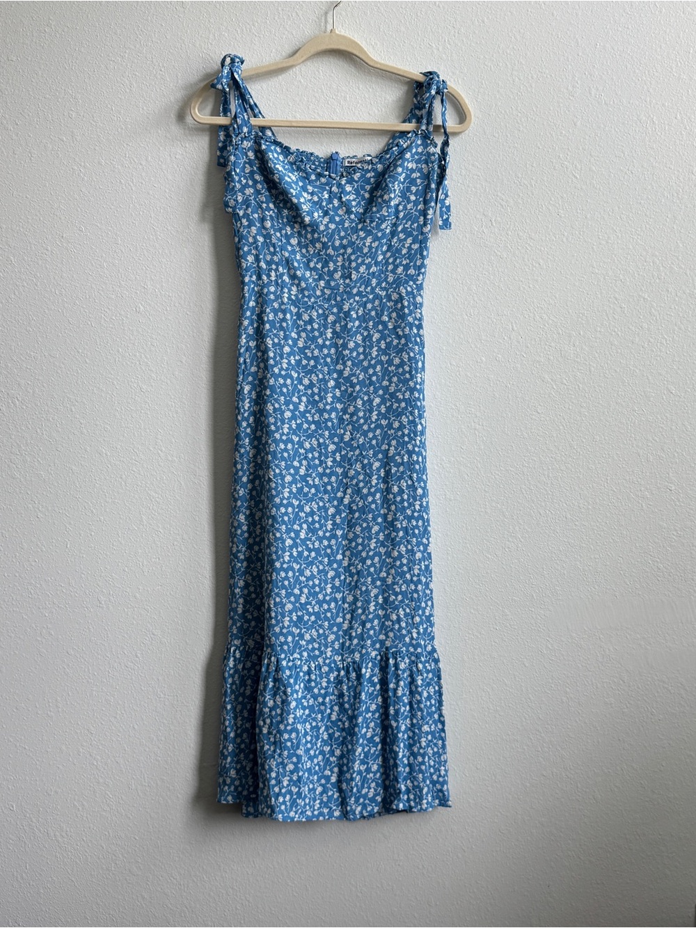 Reformation Blue Floral Tie-Strap Midi Dress